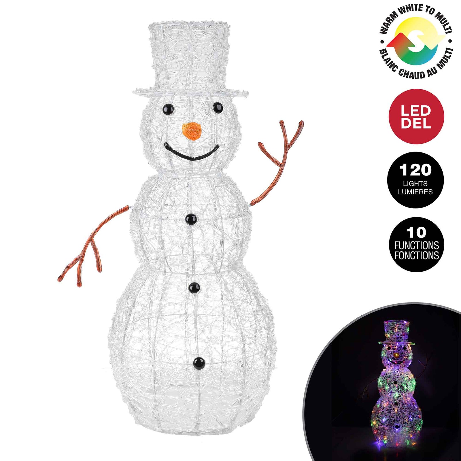 Bonhomme de neige en acrylique  blanc à 120 lumières DEL duo-couleur avec 10 fonctions et minuterie, 38''