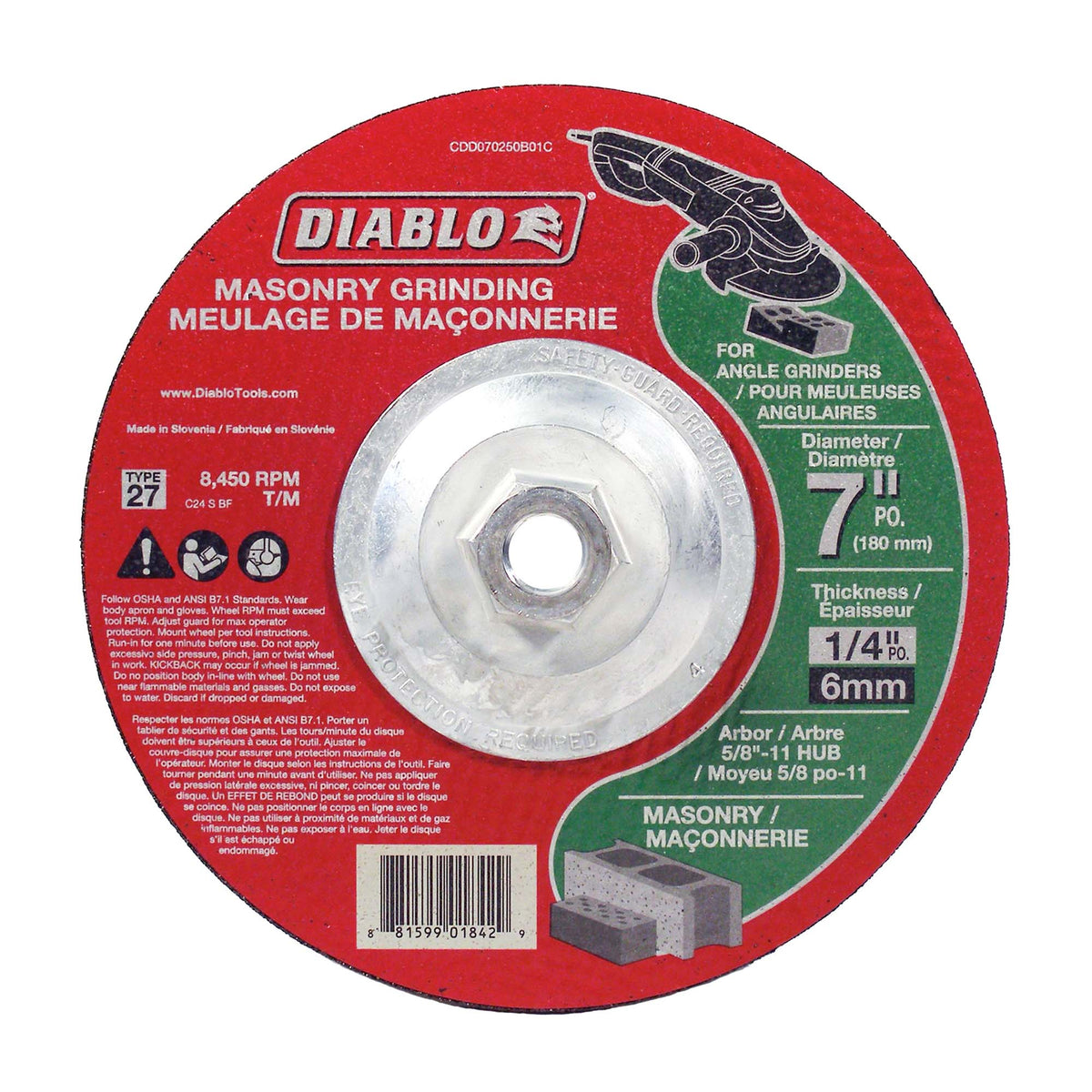 Disque de meulage Diablo pour maçonnerie de 7&quot; x 1/4&quot;, arbre de 5/8&quot;-11