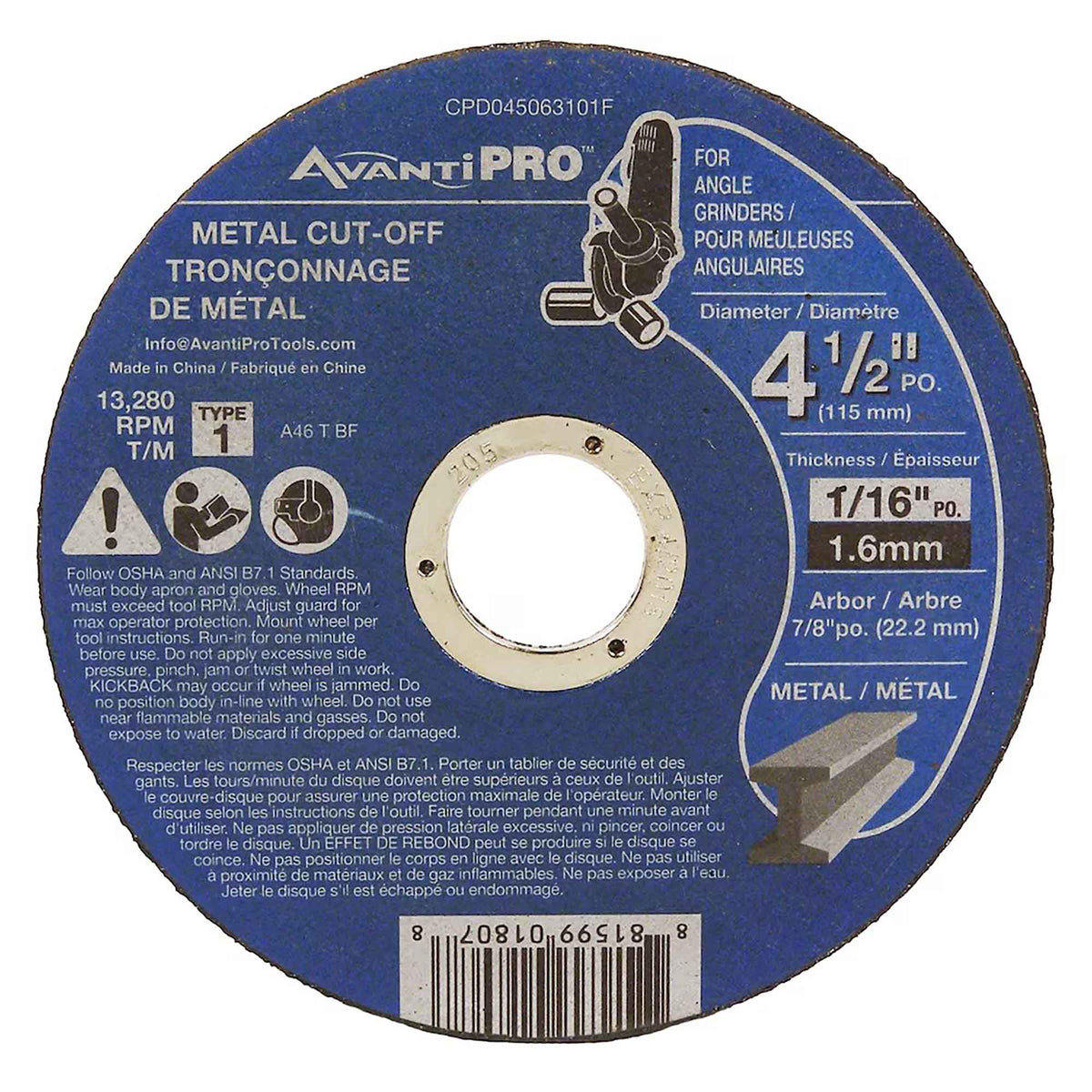 Meule pour le tronçonnage de métal, 4-1/2'' x 1/16'' x 7/8'' 