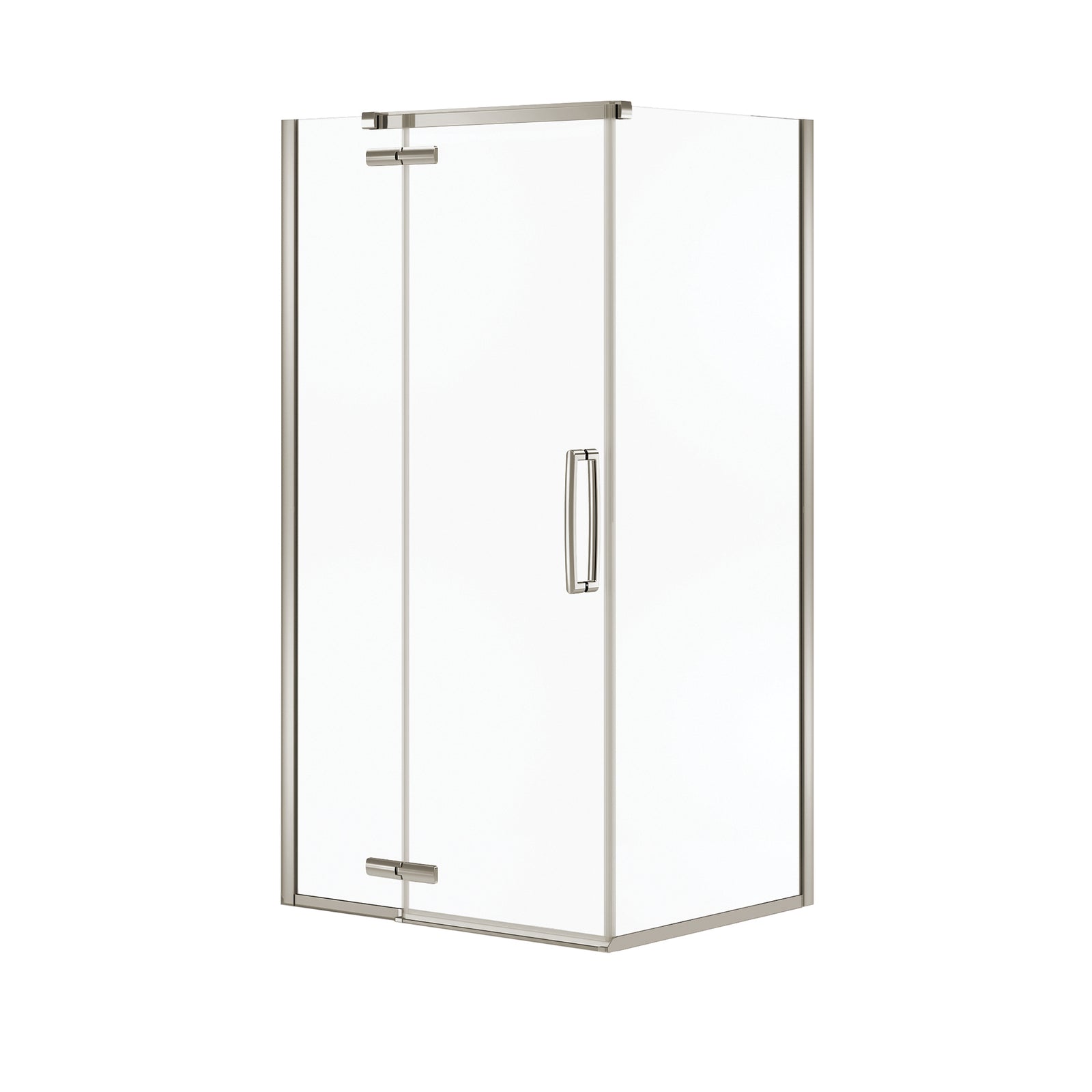 Porte sur pivot et panneau latéral Hana en verre clair, structure chrome