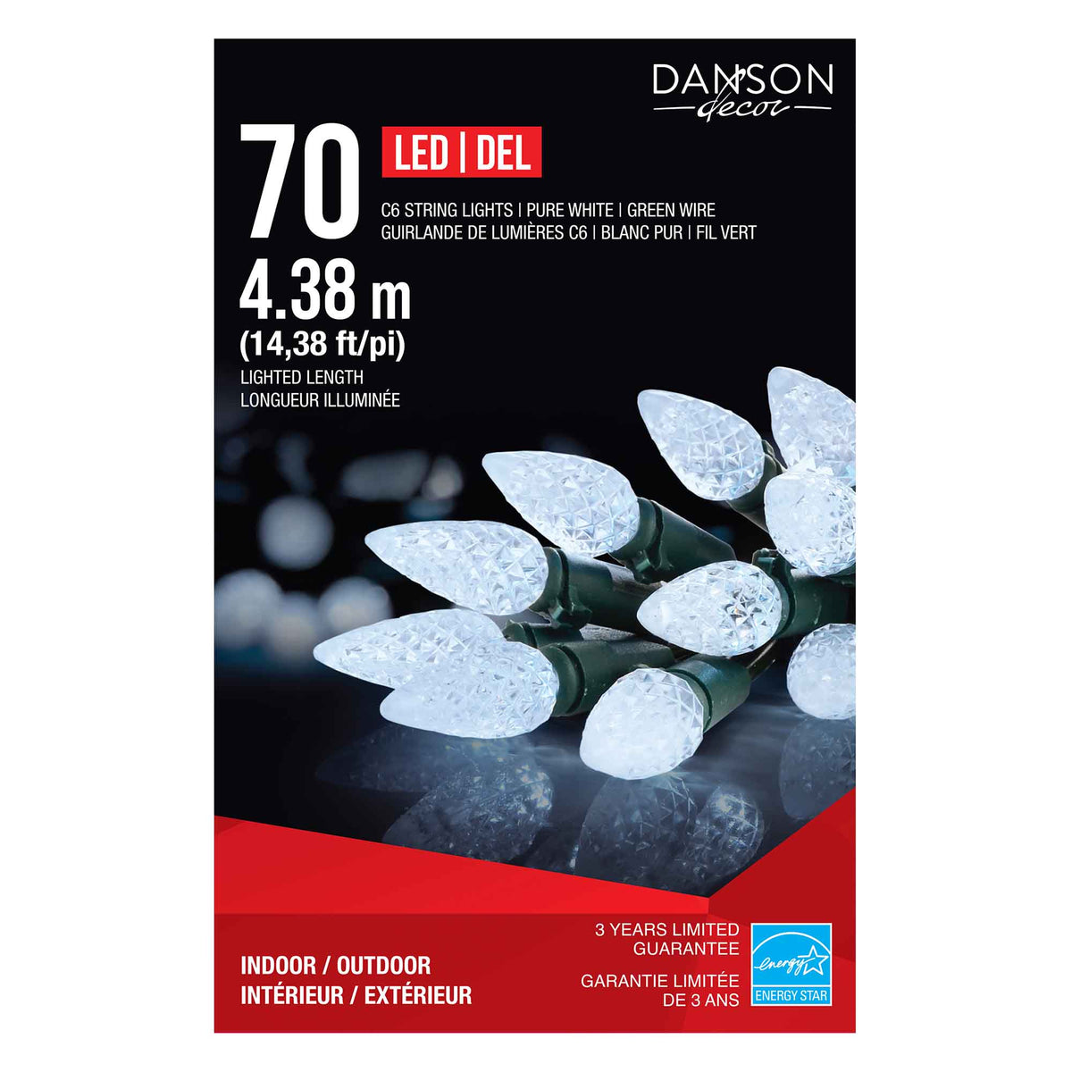 Guirlande de 70 lumières C6 DEL de 14,38' (4,38 m), blanc pur 