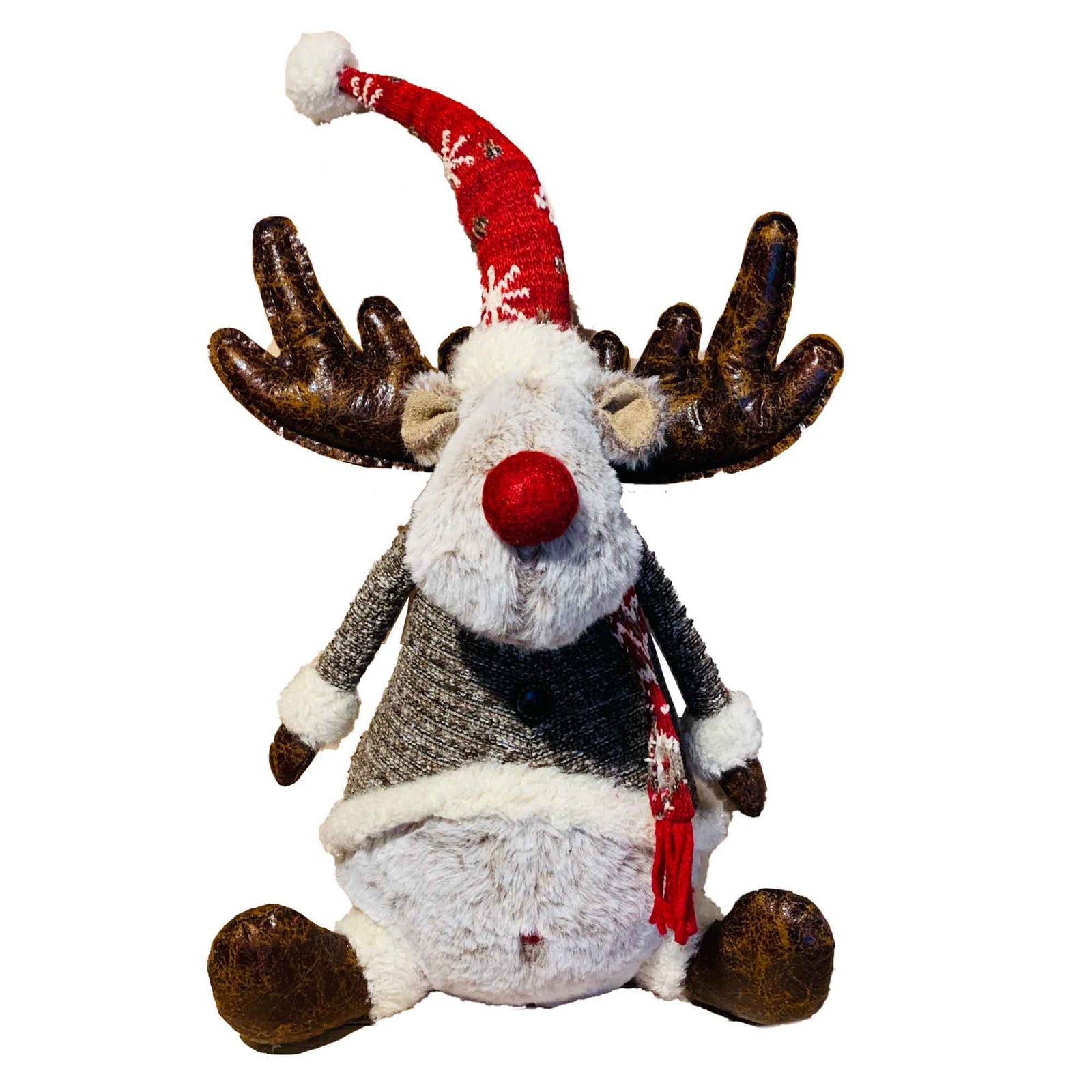 Renne en fourrure assis avec chandail brun, 51 cm   