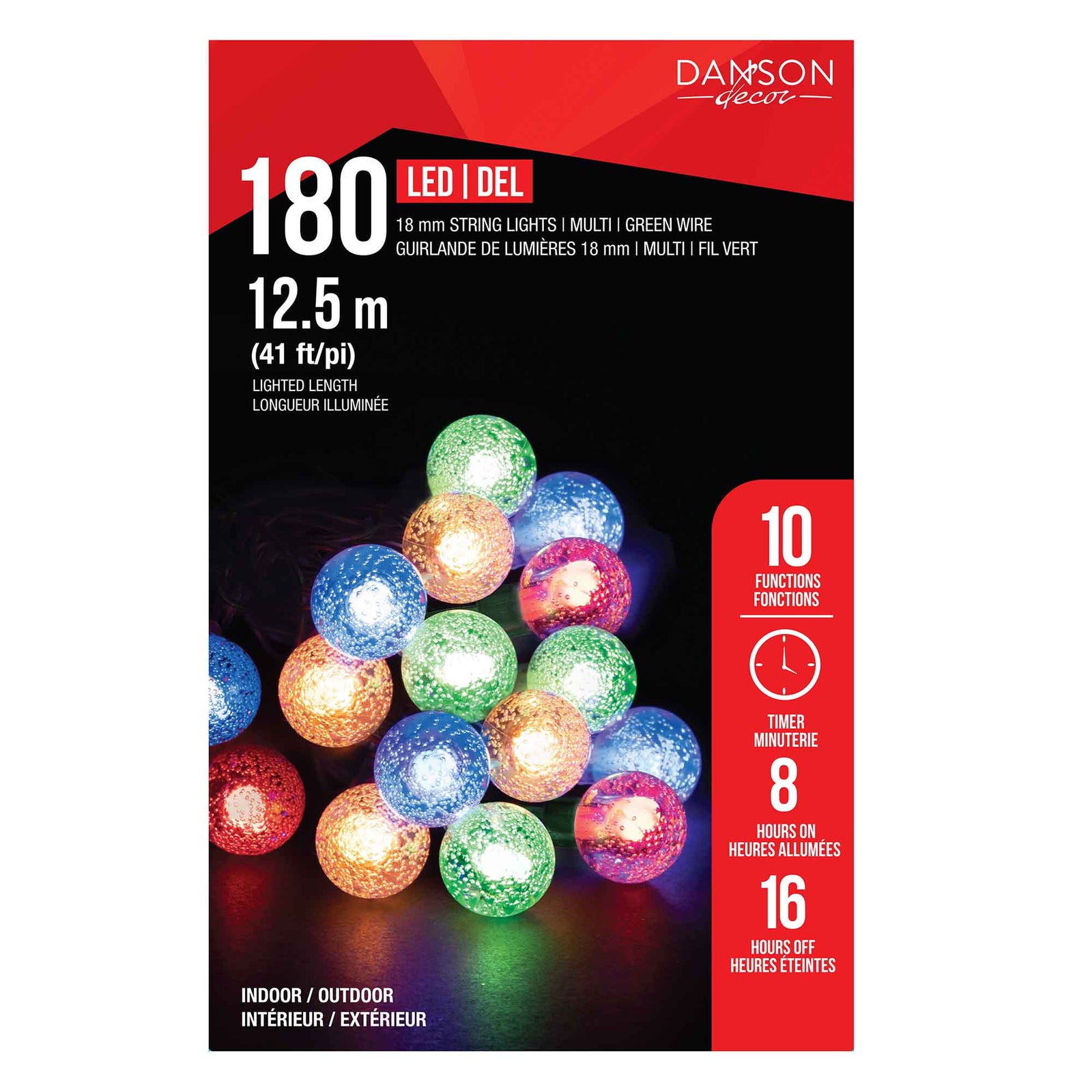 Guirlande de 180 lumières DEL à 10 fonctions de 41' (12,5 m), multicolore