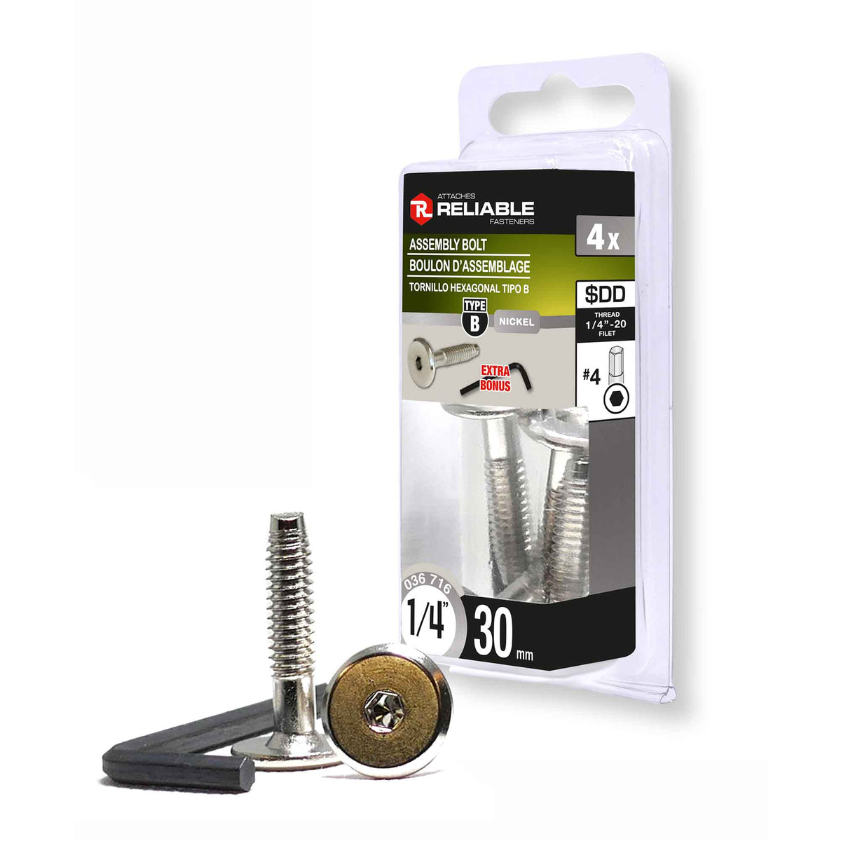 Boulon d'assemblage de Type JCB, 1/4'' x 30 mm (nickel et clé hexagonale)