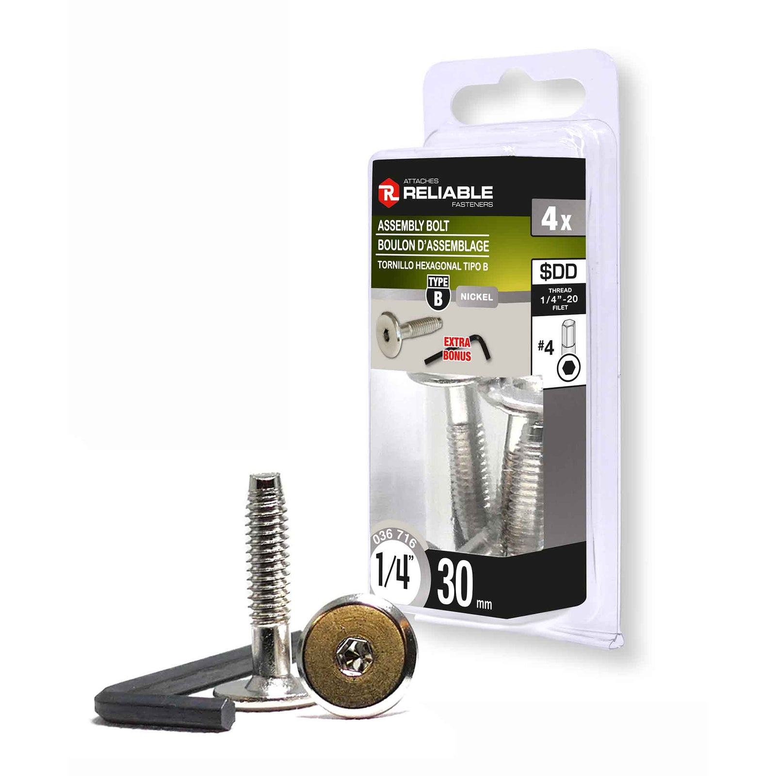 Boulon d'assemblage de Type JCB, 1/4'' x 30 mm (nickel et clé hexagonale)