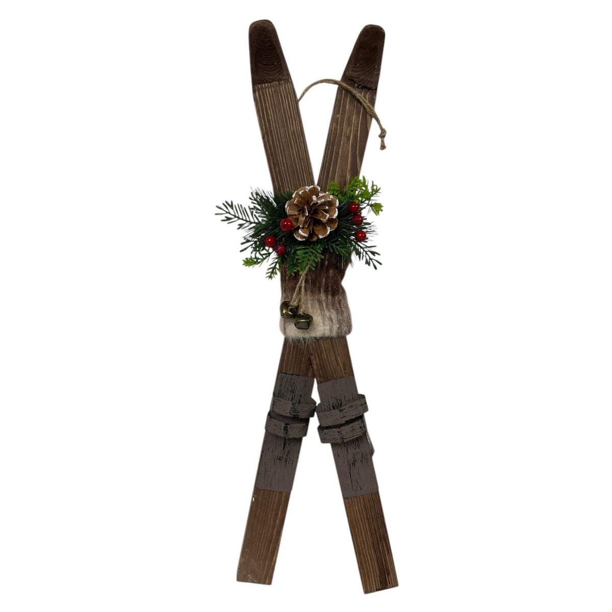 Skis décoratifs en bois avec feuillage vert, grand