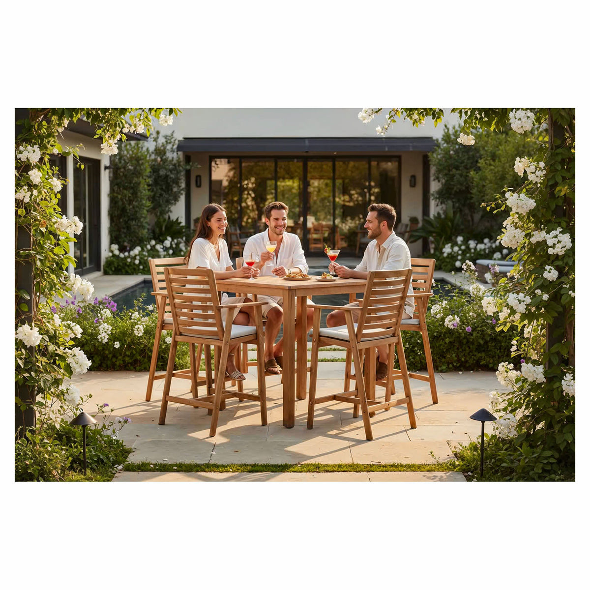 Ensemble de bar carré pour patio Limoges en acacia, 5 morceaux