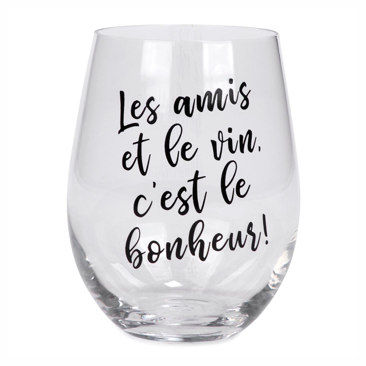 Verre à vin sans pied avec inscription "Les amis et le vin, c’est le bonheur!"