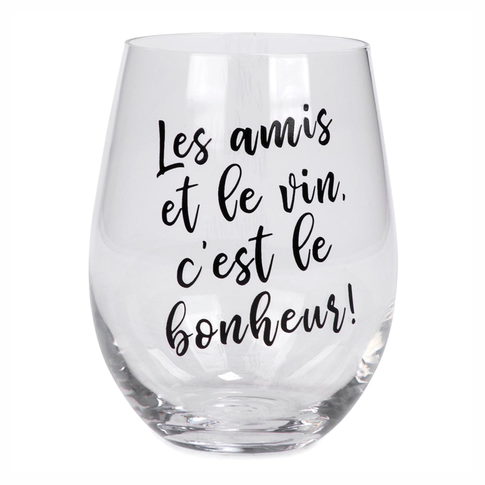 Verre à vin sans pied avec inscription "Les amis et le vin, c’est le bonheur!"