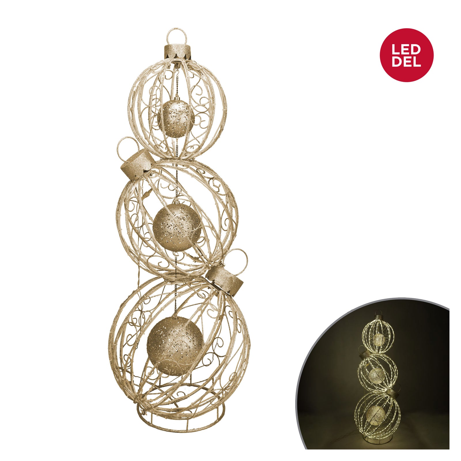 Décoration de 3 boules empilées et pailletées or avec 684 lumières DEL blanc chaud, 5,5' (1,57 m)