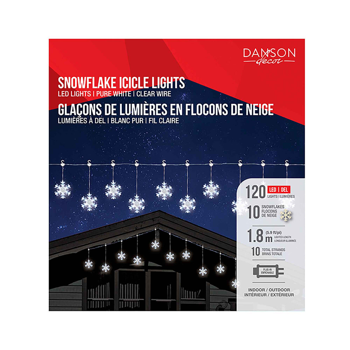 Glaçons de lumières en flocons de neige avec 120 lumières DEL sur fil clair de 5,9' (1,8 m), blanc pur